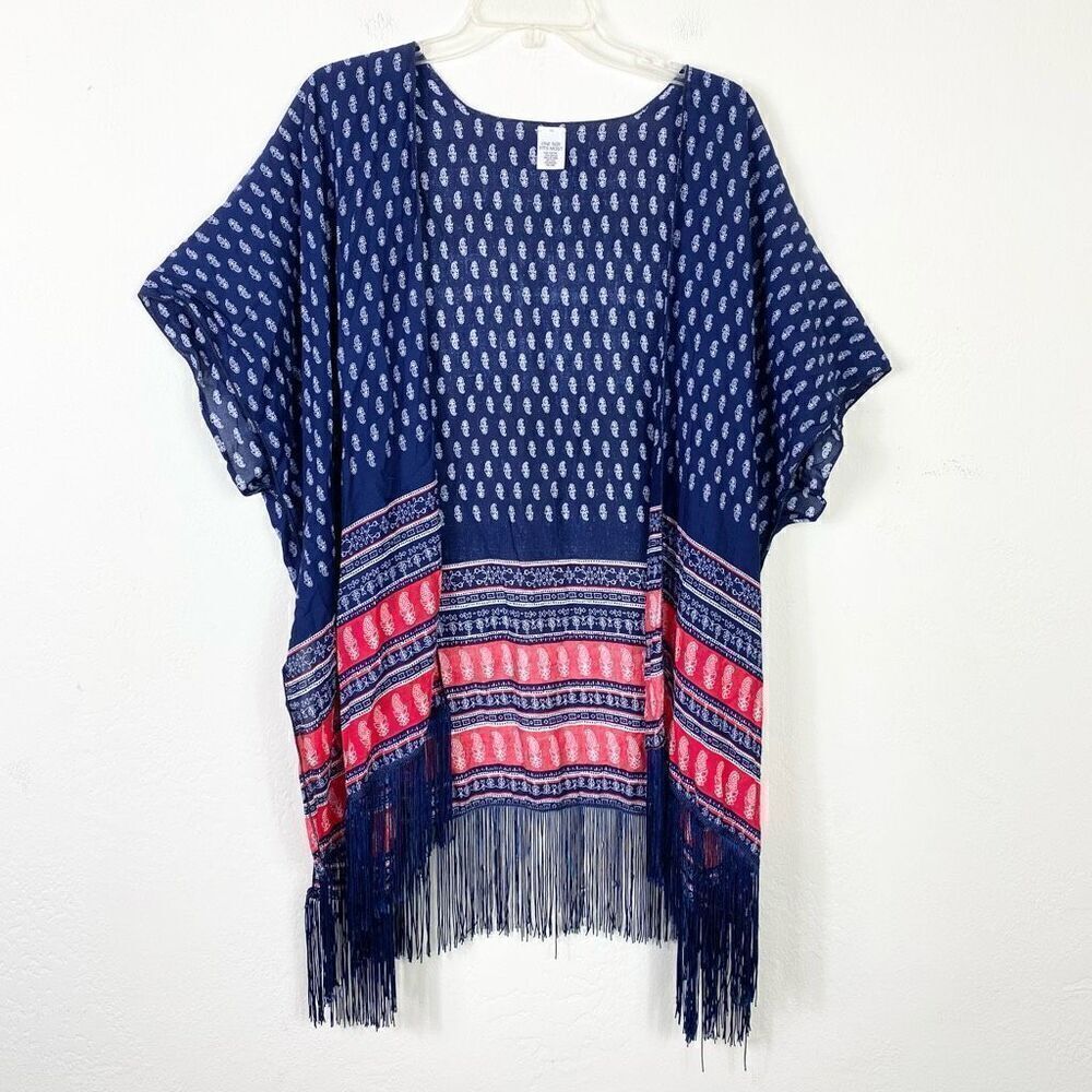 Navy Blue & Red Boho Striped Fringe Kimono Cardigan One Size
